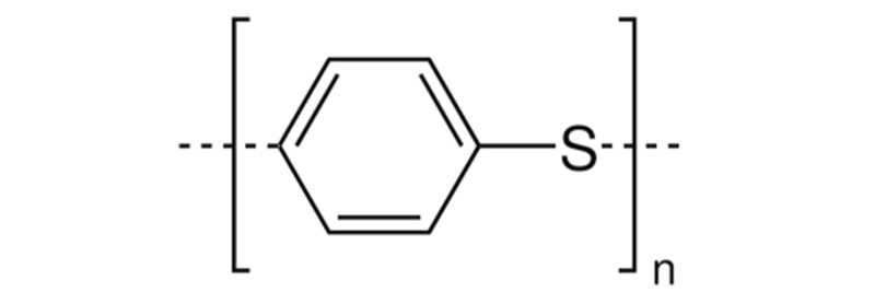Chemical formula of polyphenylene sulphide.